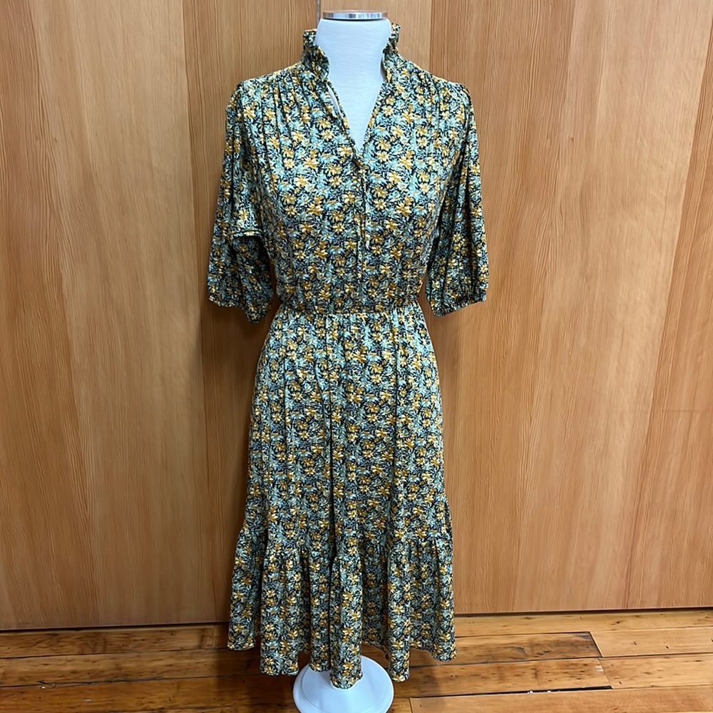 Vintage Navy Midi Dress with Yellow, Gold and Blue Floral, Elastic Waist Size 10